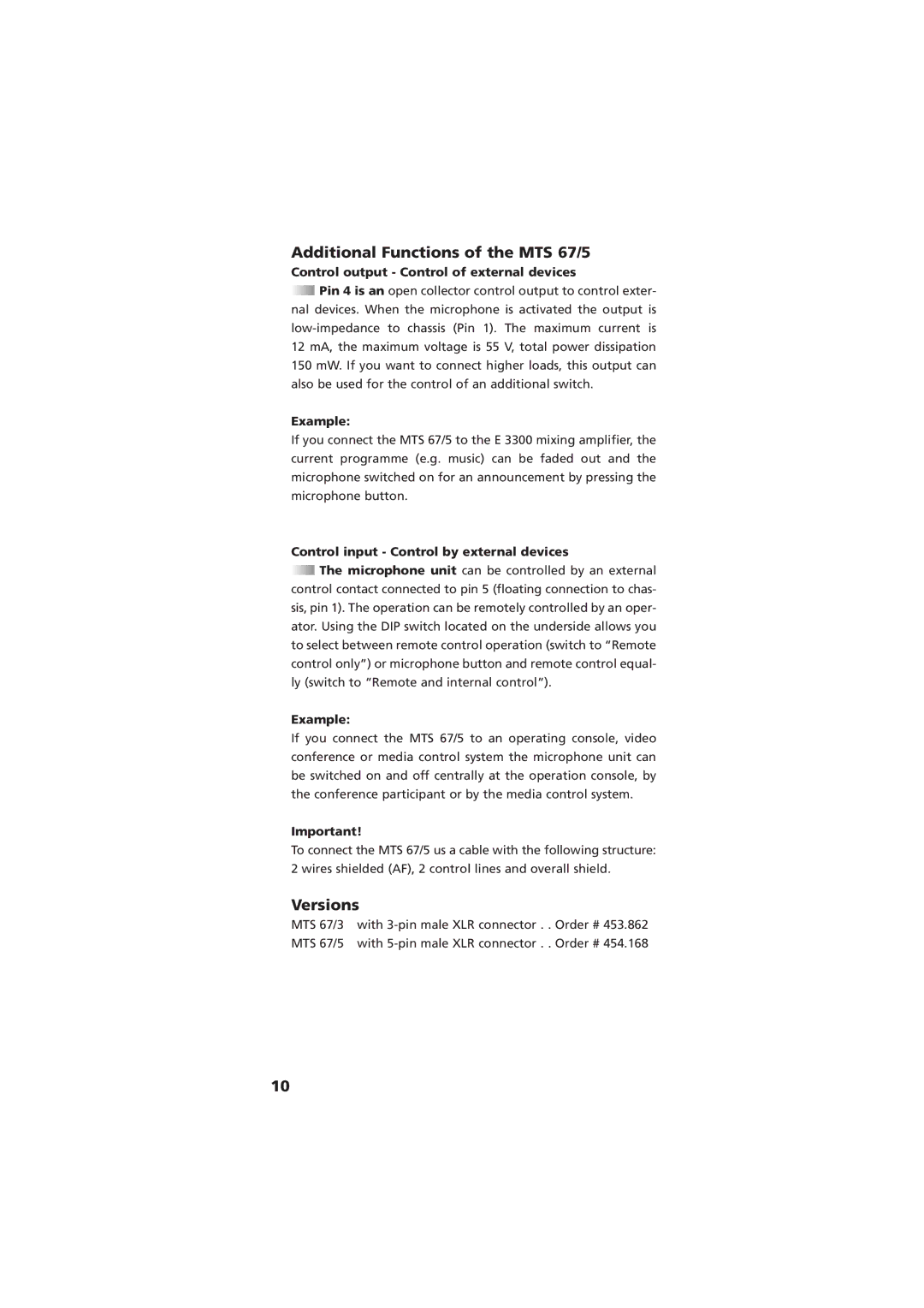 Beyerdynamic operating instructions Additional Functions of the MTS 67/5, Versions 