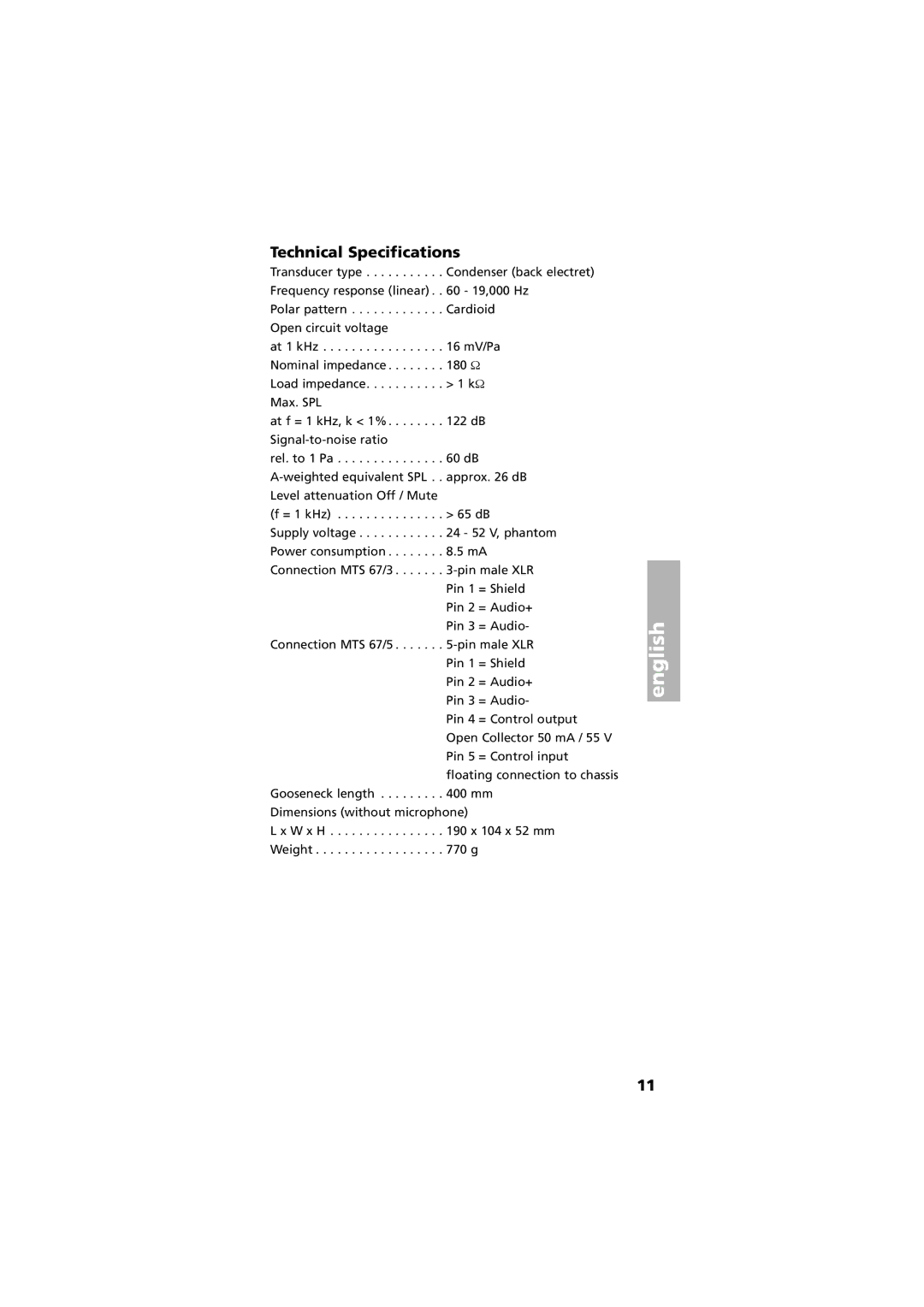 Beyerdynamic MTS 67 operating instructions Technical Specifications 