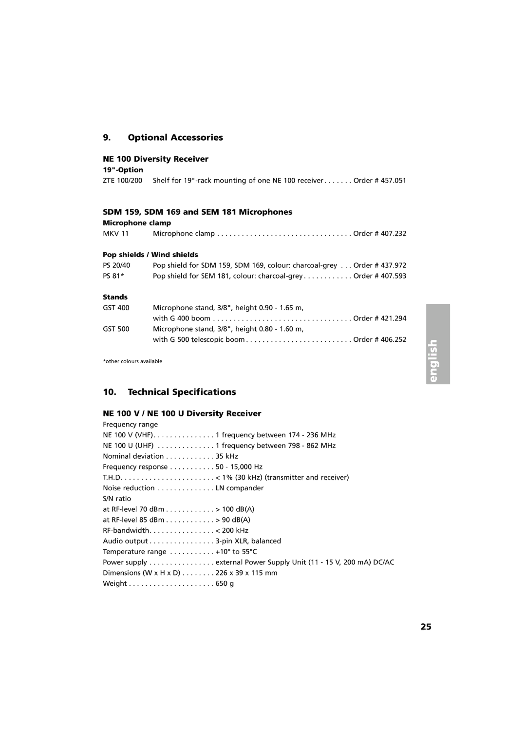 Beyerdynamic Opus 100 operating instructions Optional Accessories, Technical Specifications 