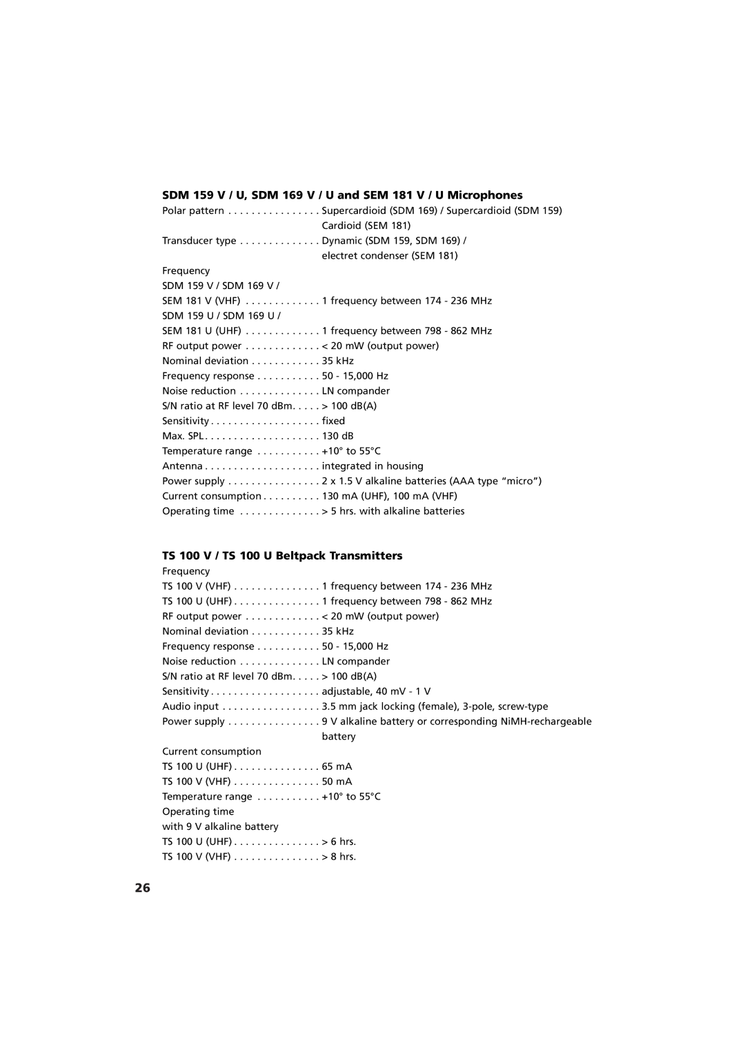 Beyerdynamic Opus 100 operating instructions SDM 159 V / U, SDM 169 V / U and SEM 181 V / U Microphones 