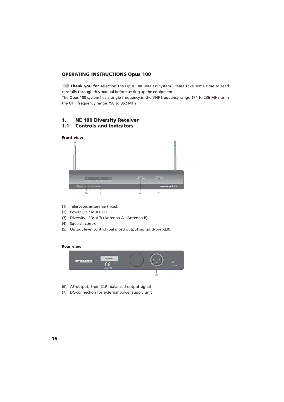 Beyerdynamic Opus 100 Operating Instructions Opus, NE 100 Diversity Receiver Controls and Indicators, Front view 