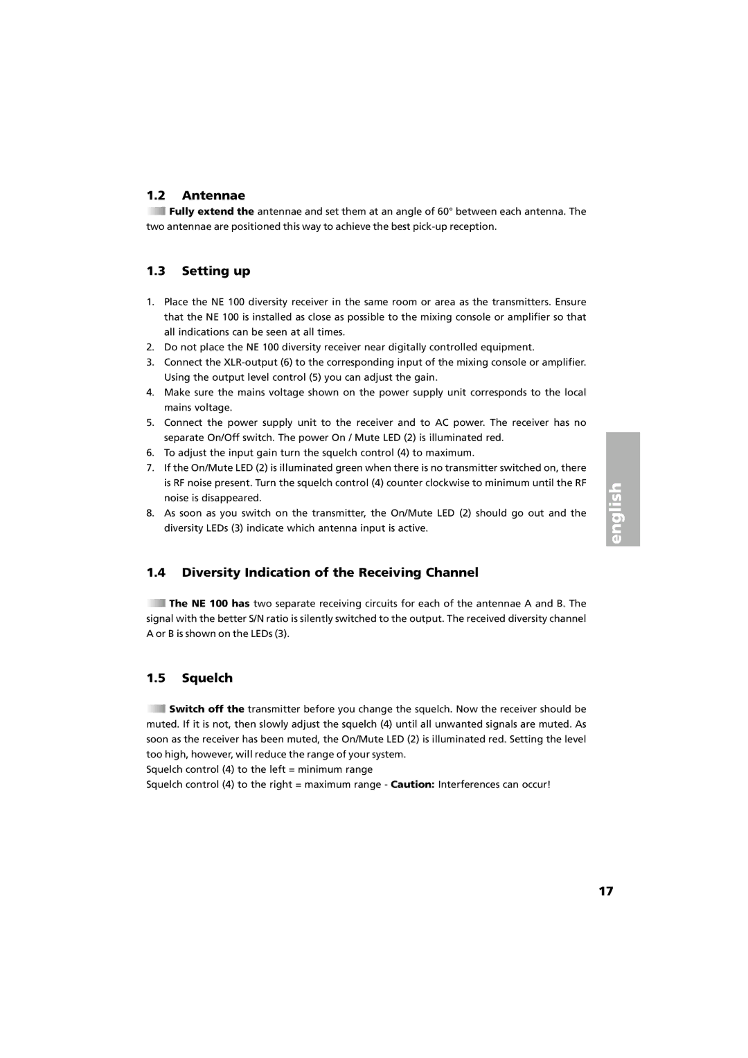 Beyerdynamic Opus 100 operating instructions Antennae, Setting up, Diversity Indication of the Receiving Channel, Squelch 