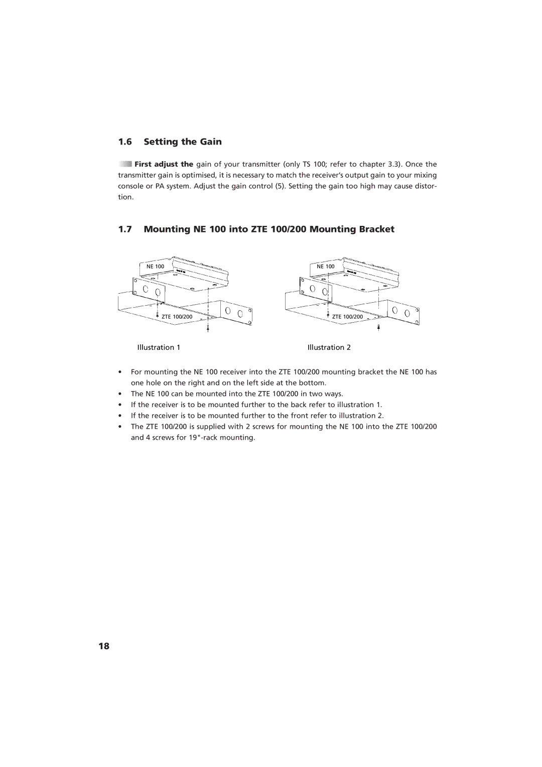 Beyerdynamic Opus 100 operating instructions Setting the Gain, Mounting NE 100 into ZTE 100/200 Mounting Bracket 