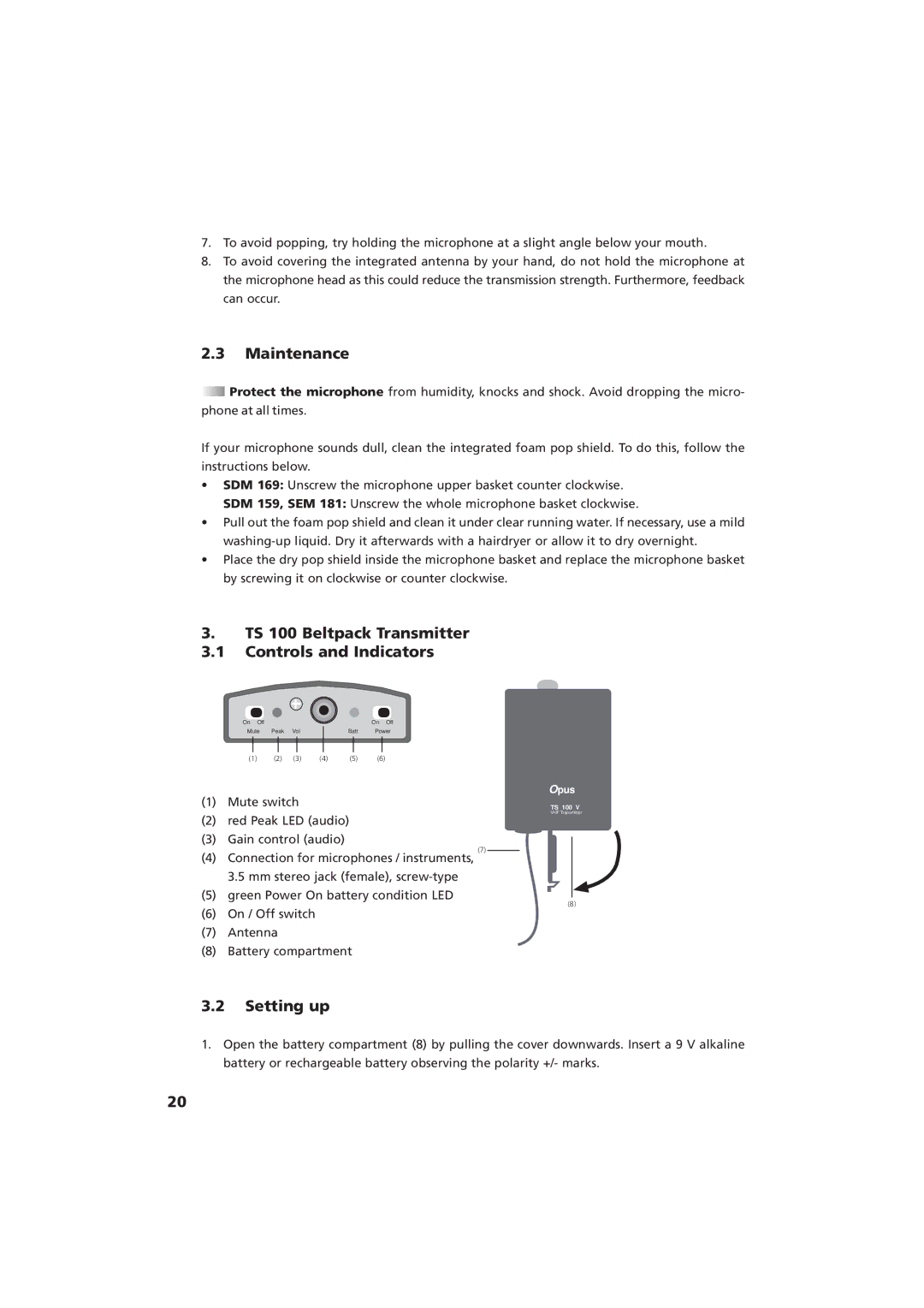 Beyerdynamic Opus 100 operating instructions Maintenance, TS 100 Beltpack Transmitter Controls and Indicators 