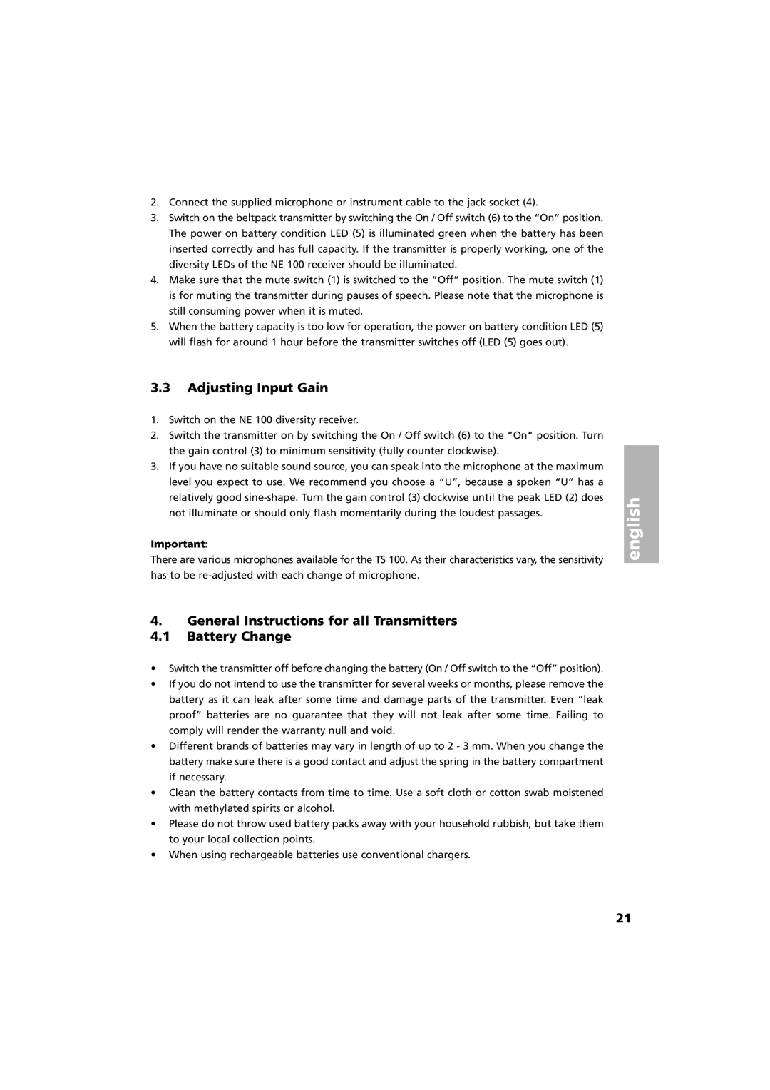 Beyerdynamic Opus 100 operating instructions Adjusting Input Gain, General Instructions for all Transmitters Battery Change 