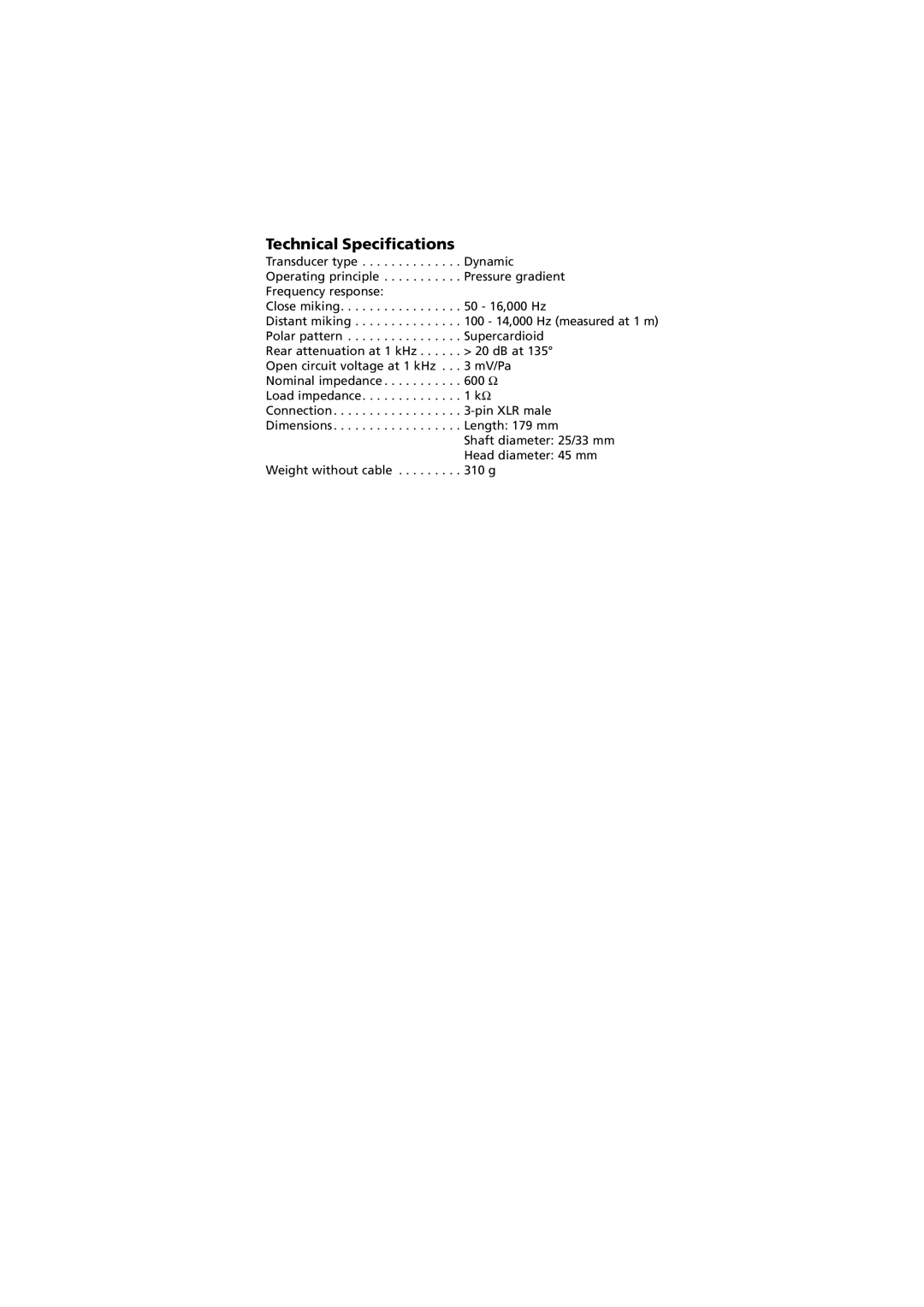 Beyerdynamic Opus 39 manual Technical Specifications 