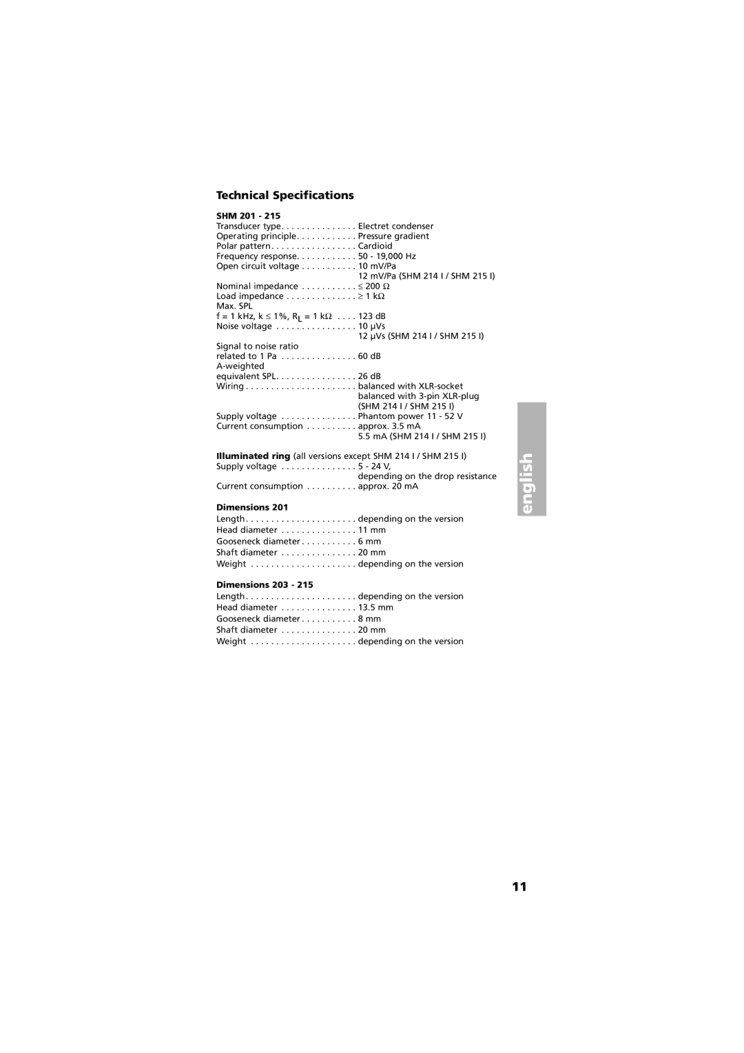 Beyerdynamic SHM 201 - 215 manual Technical Specifications, Dimensions 203 