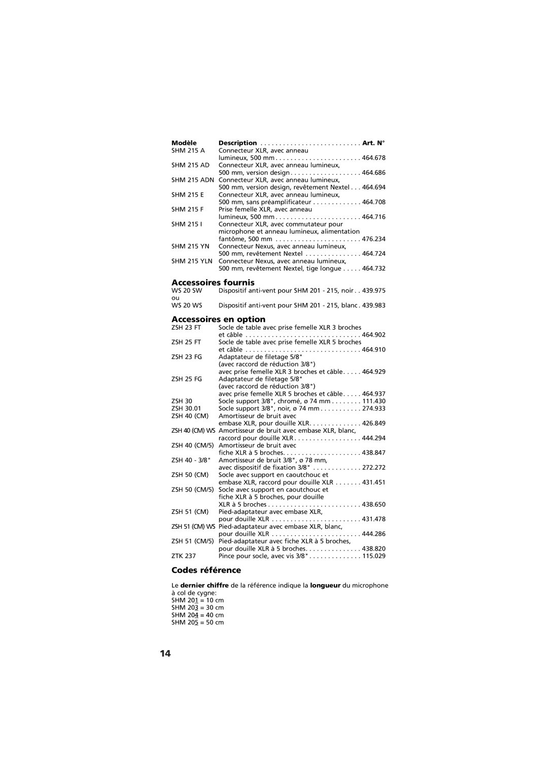 Beyerdynamic SHM 201 - 215 manual Accessoires fournis, Accessoires en option, Codes référence 