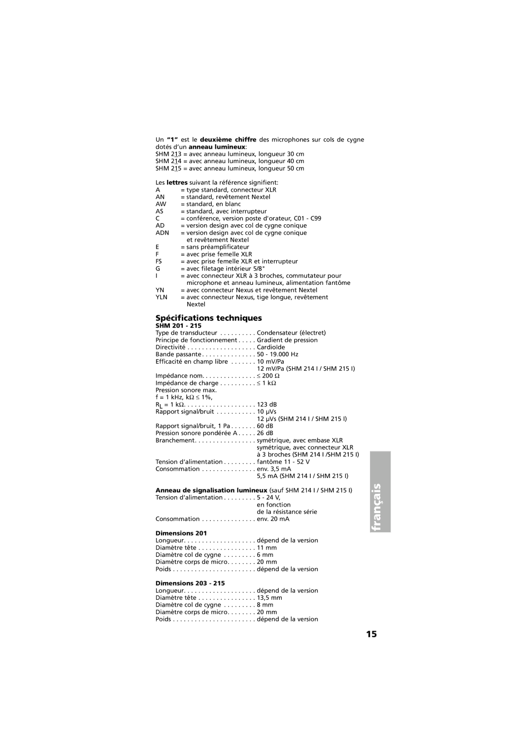 Beyerdynamic SHM 201 - 215 manual Spécifications techniques 