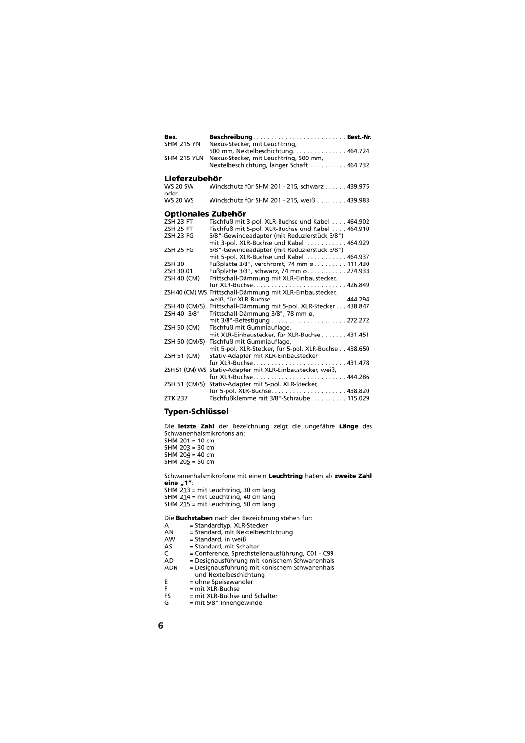 Beyerdynamic SHM 201 - 215 manual Lieferzubehör, Optionales Zubehör, Typen-Schlüssel 