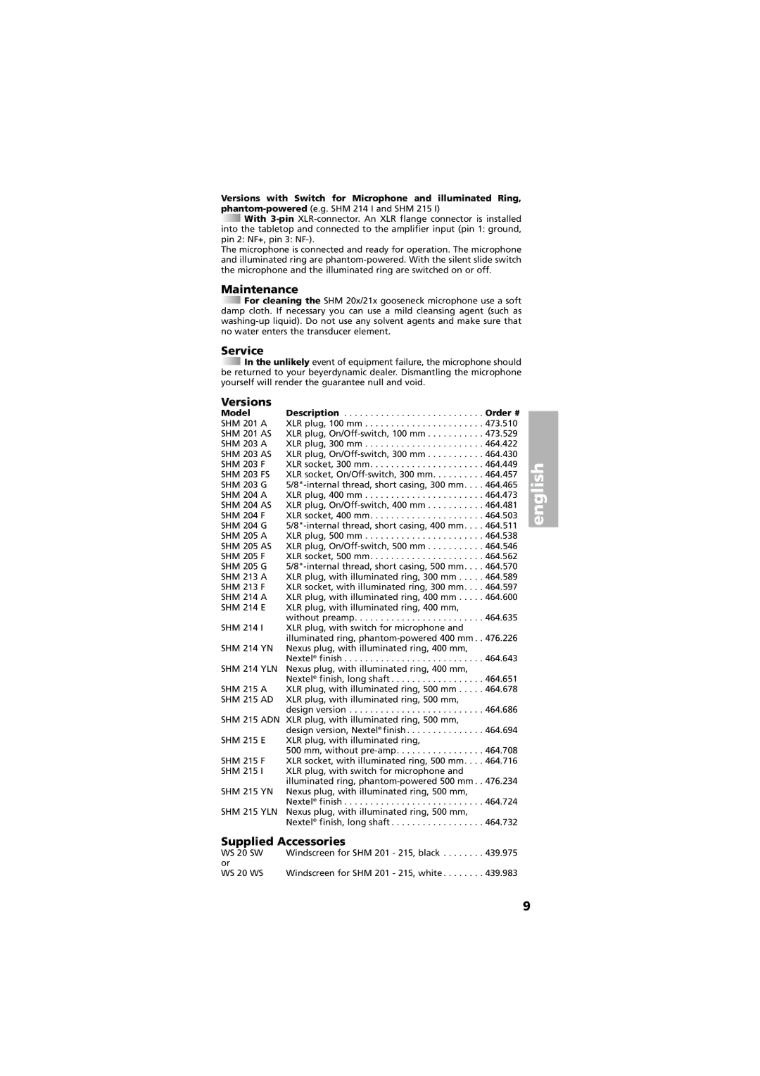 Beyerdynamic SHM 201 - 215 manual Maintenance, Versions, Supplied Accessories, Model, Order # 