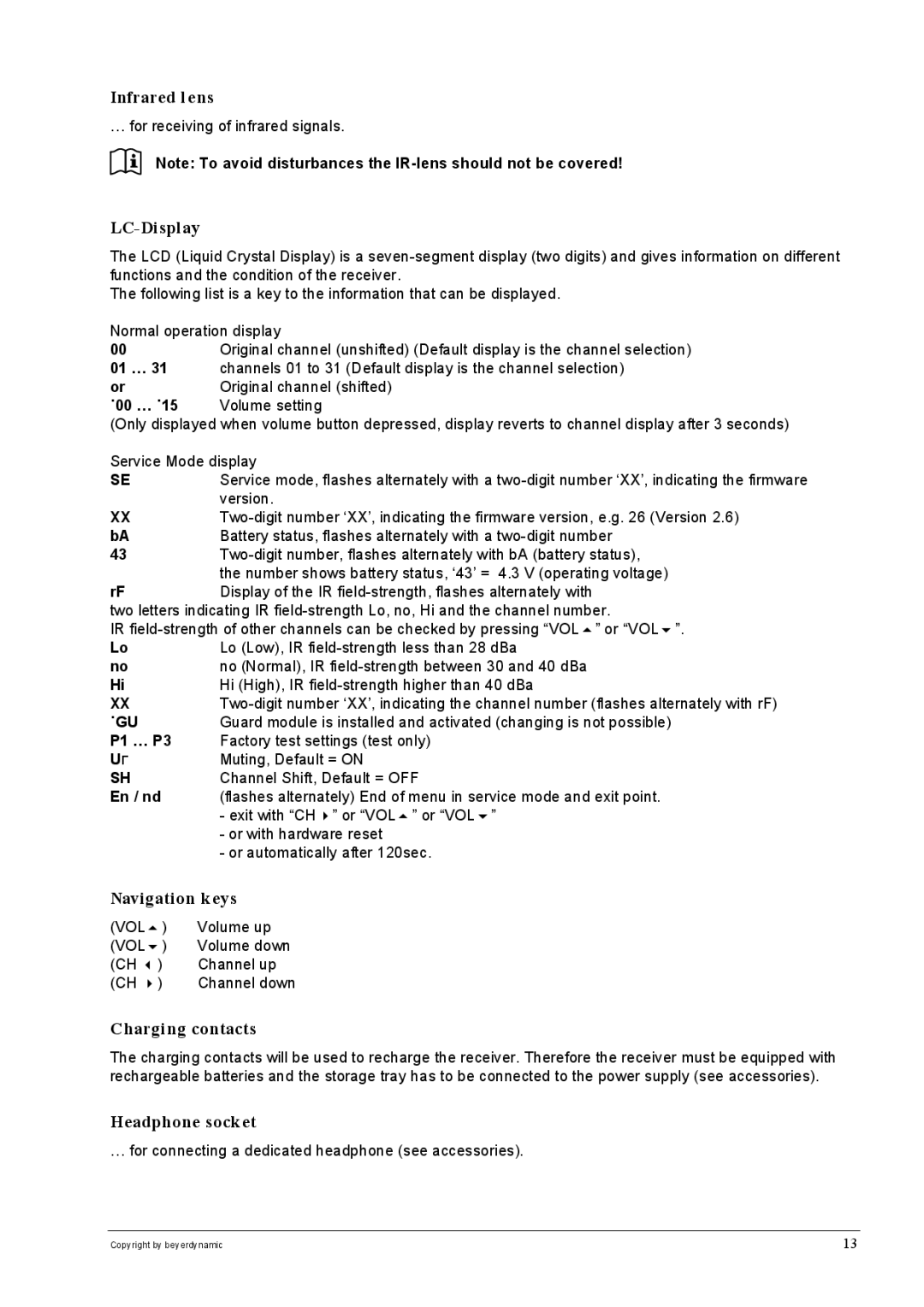 Beyerdynamic SIR 320 operating instructions Infrared lens, LC-Display, Navigation keys, Charging contacts, Headphone socket 