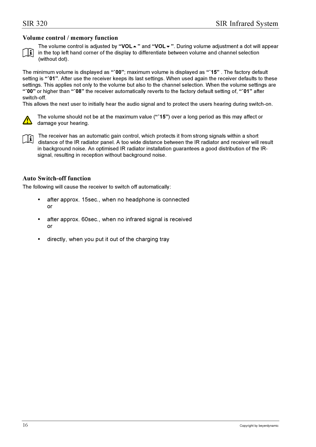 Beyerdynamic SIR 320 operating instructions Volume control / memory function, Auto Switch-off function 