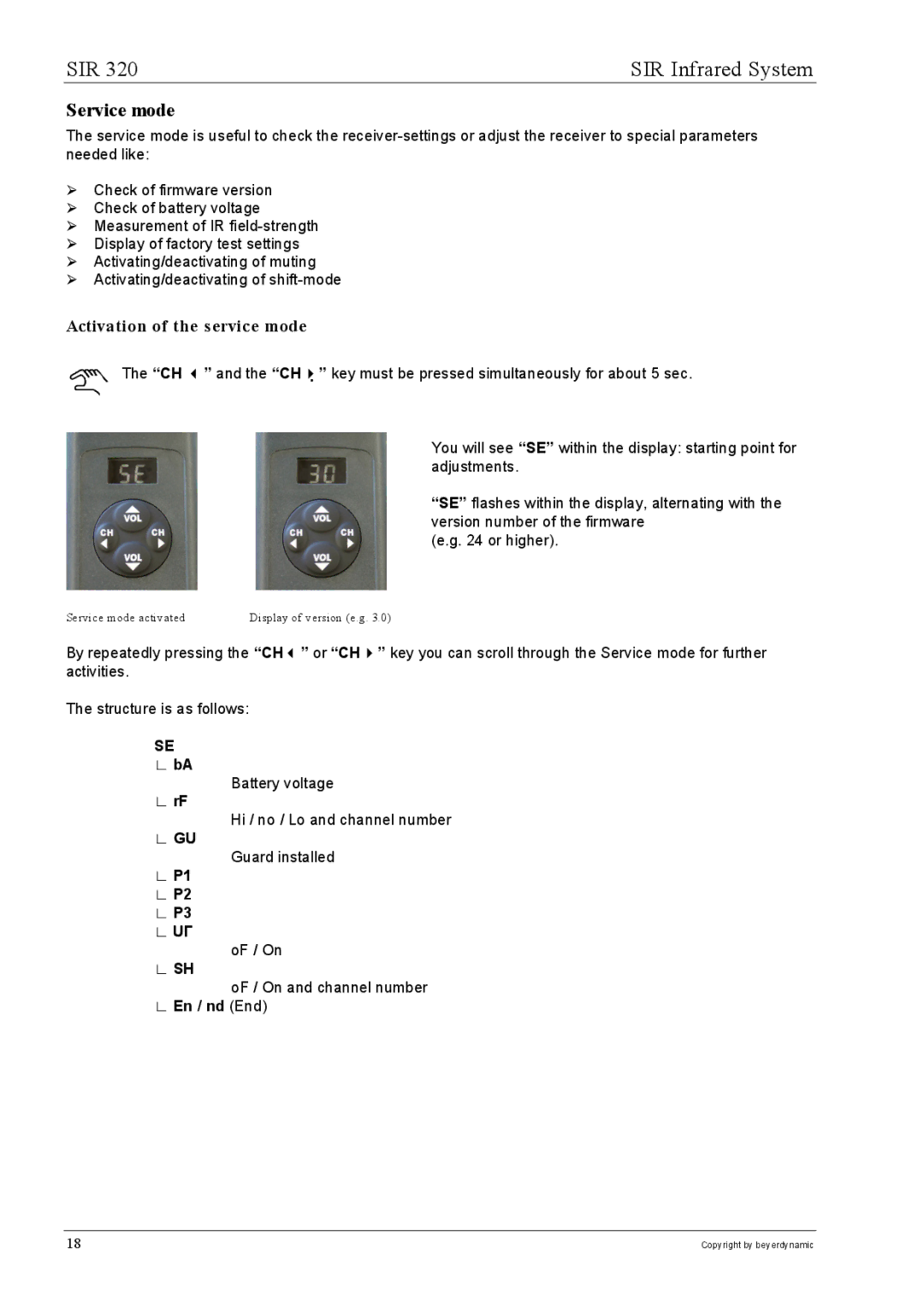 Beyerdynamic SIR 320 operating instructions Service mode, Activation of the service mode 