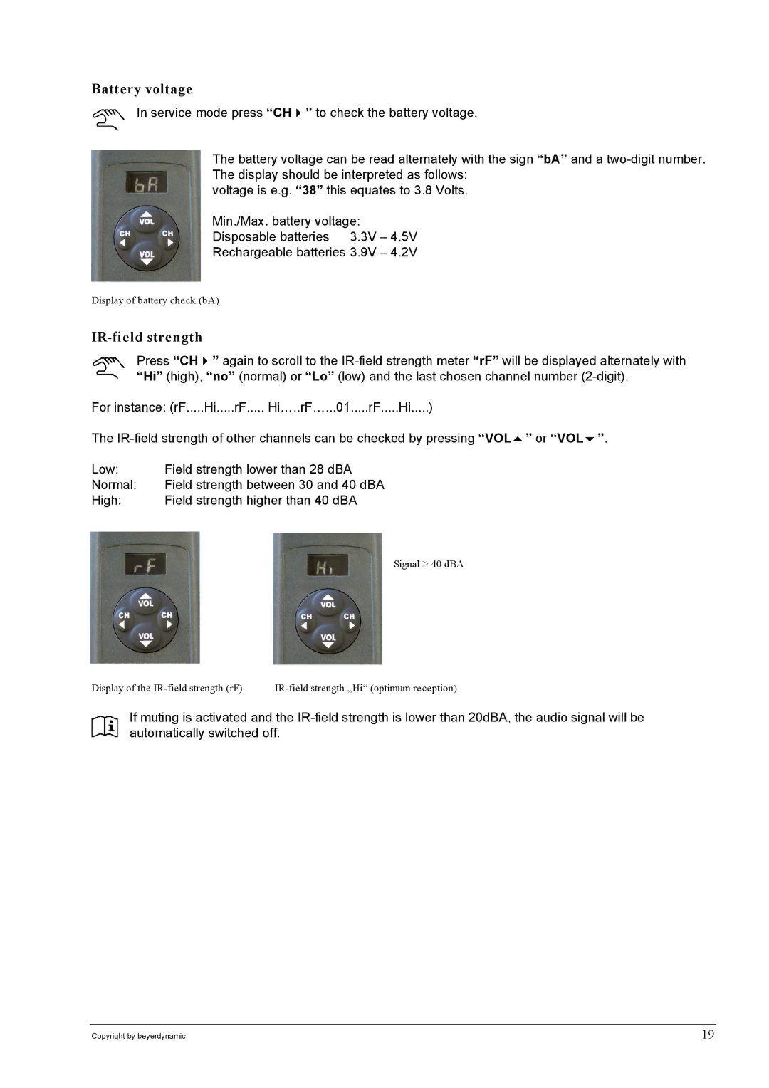 Beyerdynamic SIR 320 operating instructions Battery voltage, IR-field strength 