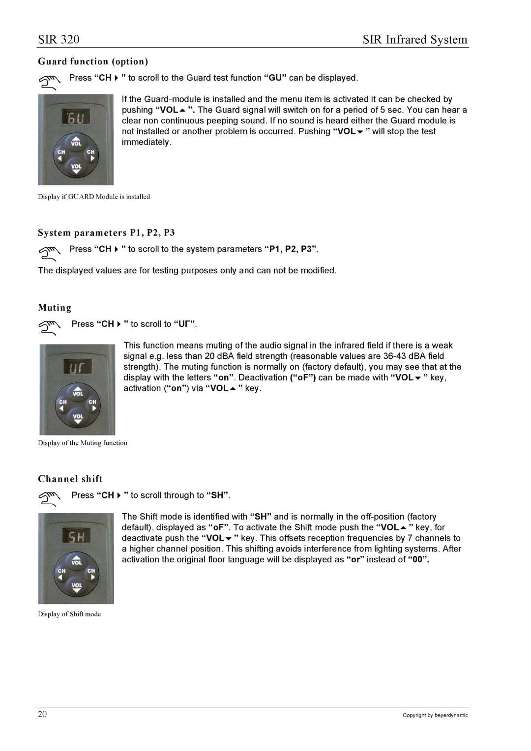 Beyerdynamic SIR 320 operating instructions Guard function option, System parameters P1, P2, P3, Muting, Channel shift 