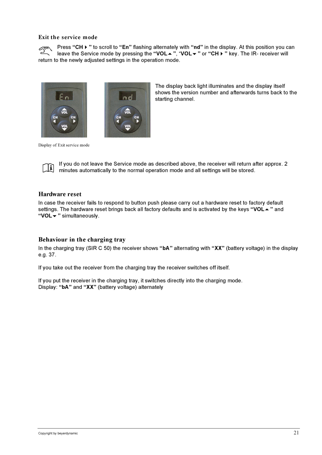 Beyerdynamic SIR 320 operating instructions Hardware reset, Behaviour in the charging tray, Exit the service mode 