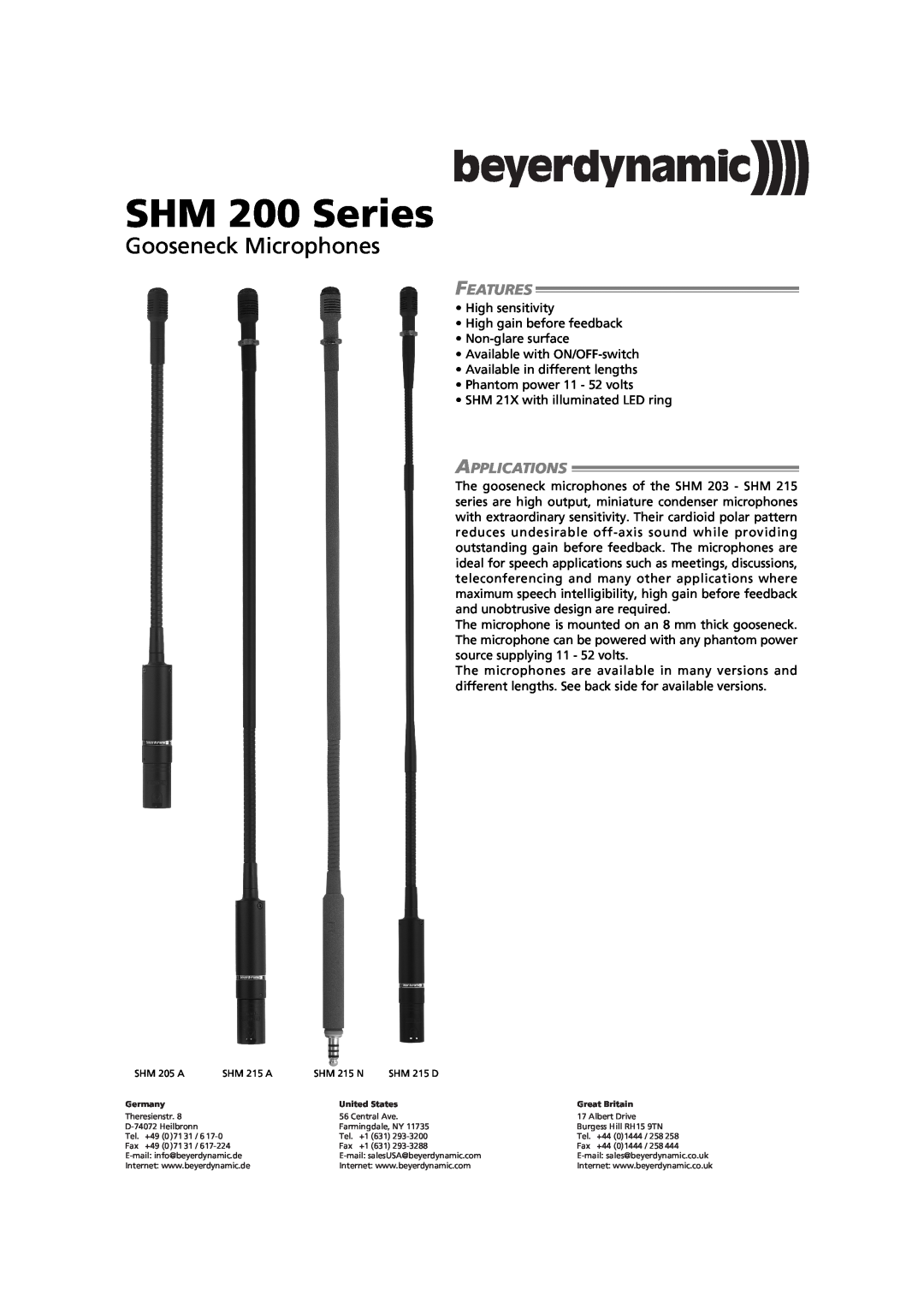 Beyerdynamic ZSH 51 (CM) WS, ZSH 51 (CM/5), ZSH 40 manual SHM 200 Series, Gooseneck Microphones, Features, Applications 