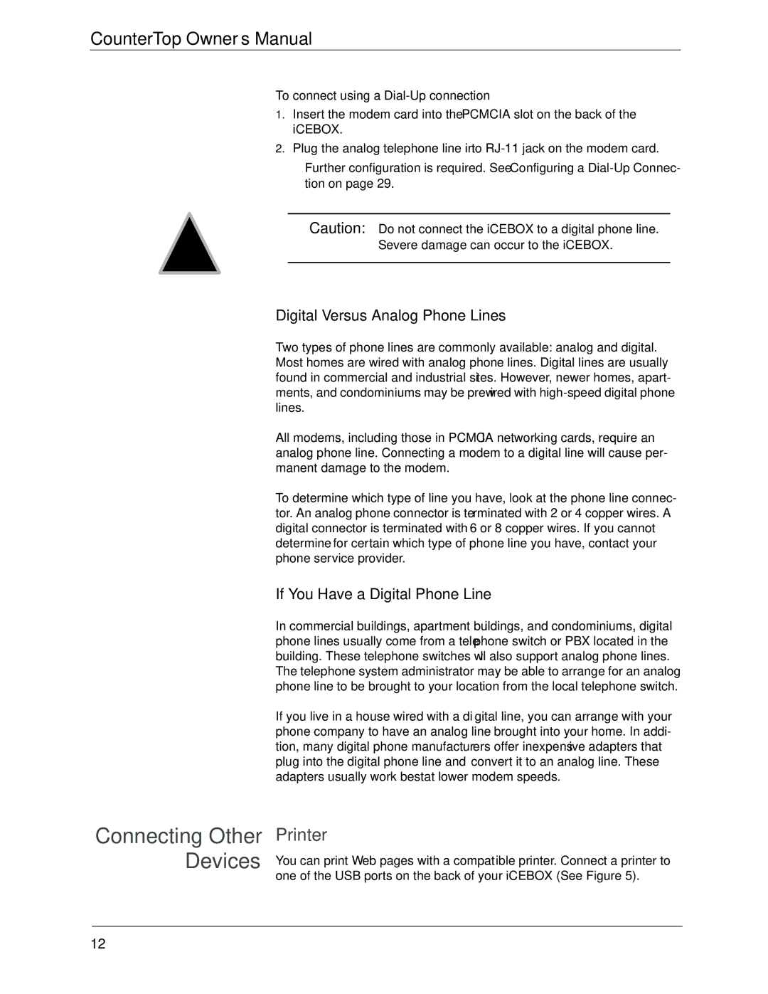 Beyond icebox countertop owner manual Connecting Other Devices, Printer, Digital Versus Analog Phone Lines 