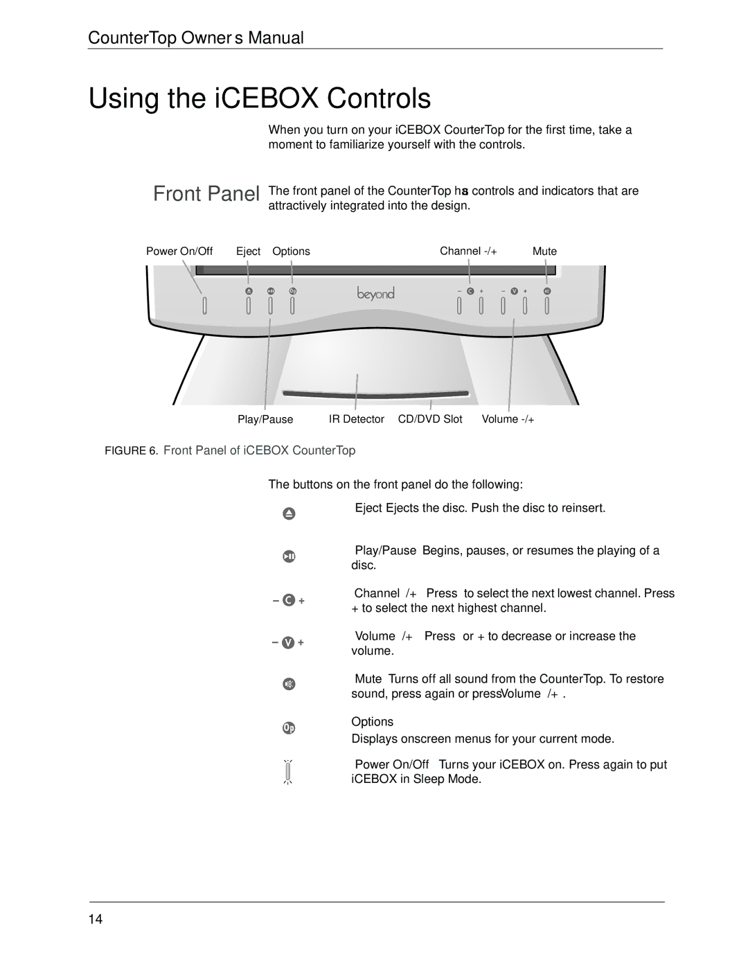 Beyond icebox countertop owner manual Front Panel, Buttons on the front panel do the following 