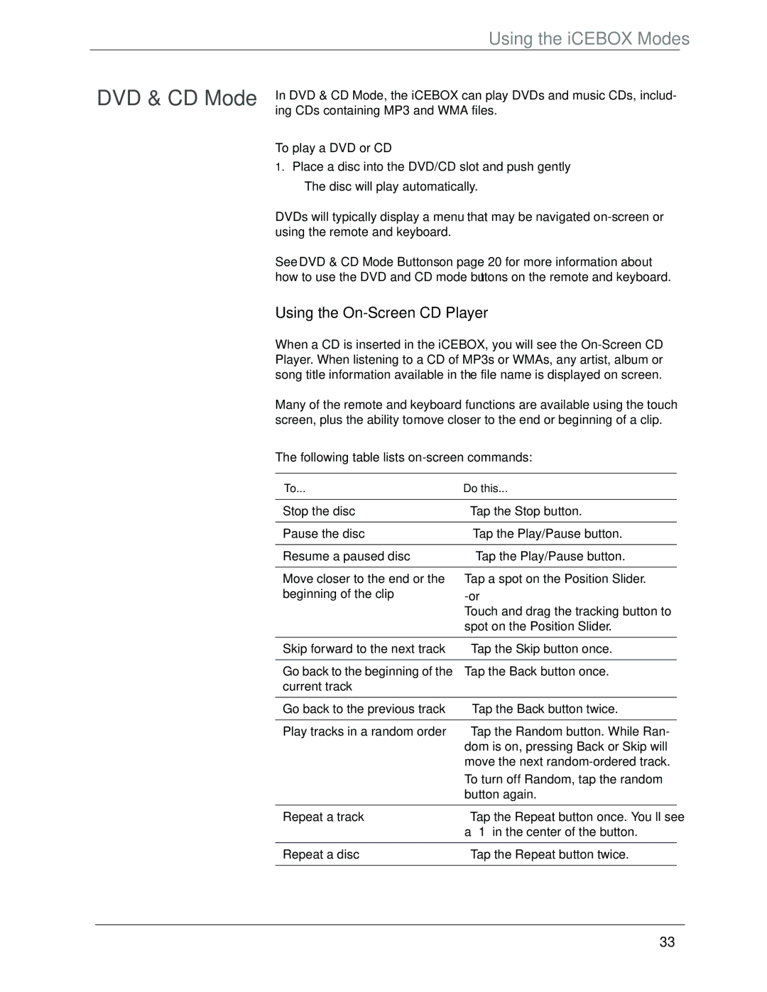 Beyond icebox countertop owner manual DVD & CD Mode, Using the On-Screen CD Player, To play a DVD or CD 