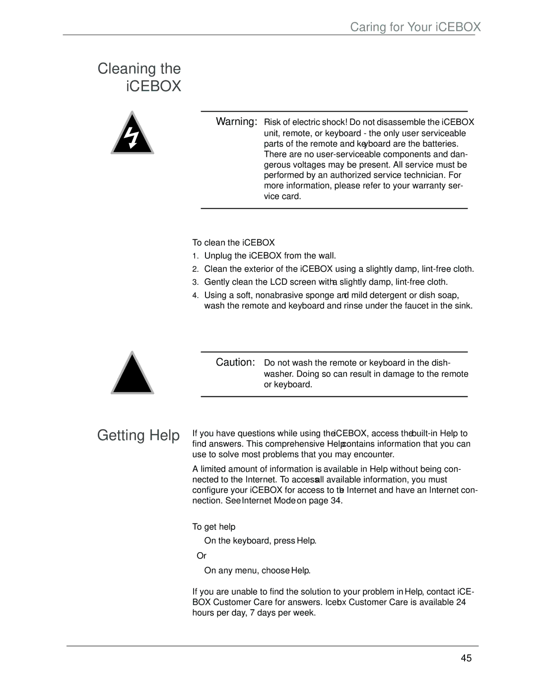 Beyond icebox countertop owner manual Getting Help, To clean the iCEBOX, To get help 