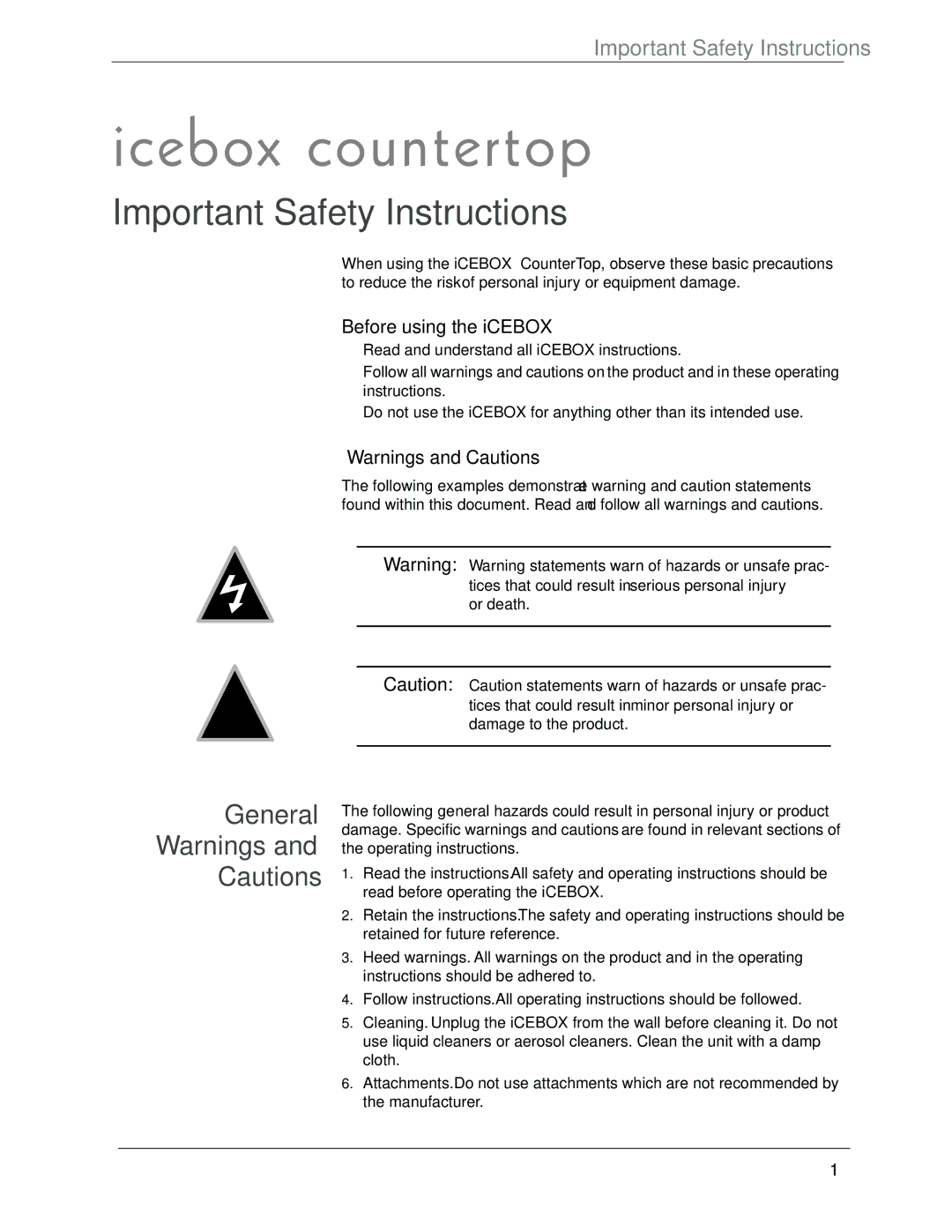 Beyond icebox countertop owner manual Important Safety Instructions, General, Before using the iCEBOX 