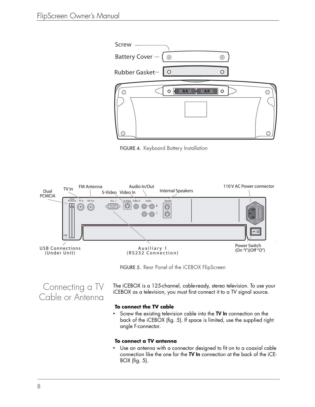 Beyond Icebox Flipscreen manual Screw Battery Cover Rubber Gasket, To connect the TV cable, To connect a TV antenna 