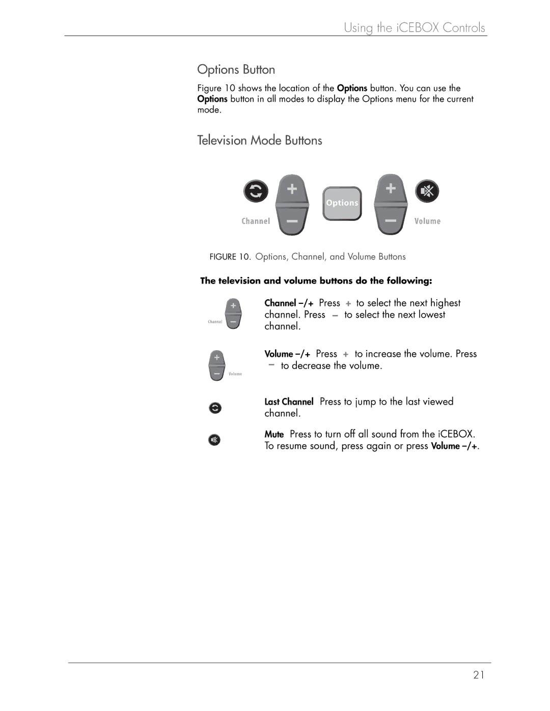Beyond Icebox Flipscreen manual Options Button, Television Mode Buttons, Television and volume buttons do the following 