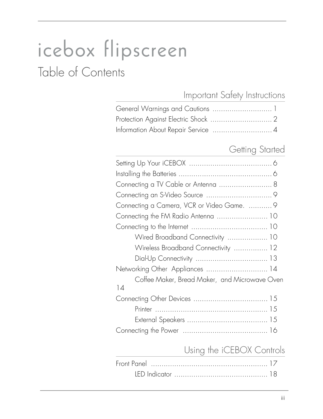 Beyond Icebox Flipscreen manual Table of Contents 