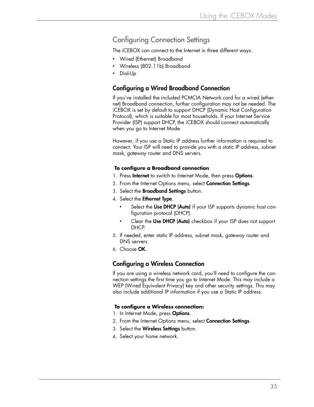 Beyond Icebox Flipscreen manual Configuring Connection Settings, Configuring a Wired Broadband Connection 