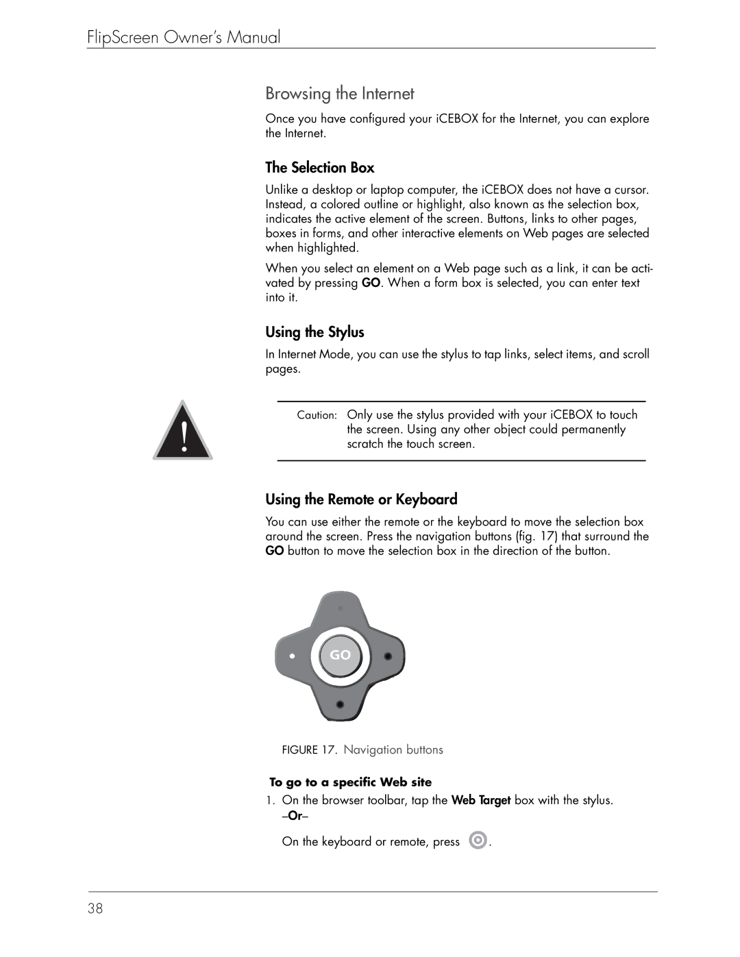 Beyond Icebox Flipscreen manual Browsing the Internet, Selection Box, Using the Stylus, Using the Remote or Keyboard 