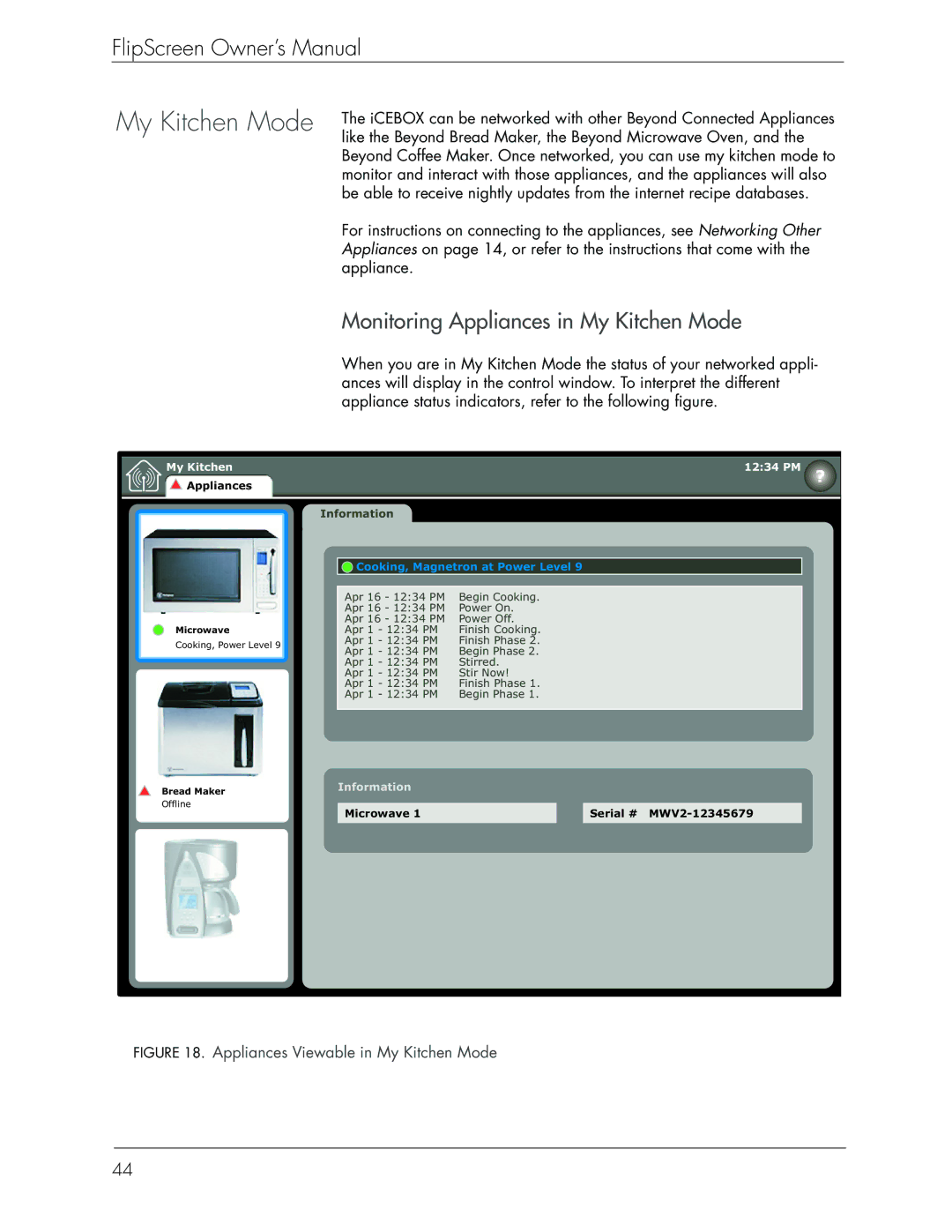 Beyond Icebox Flipscreen manual Monitoring Appliances in My Kitchen Mode 