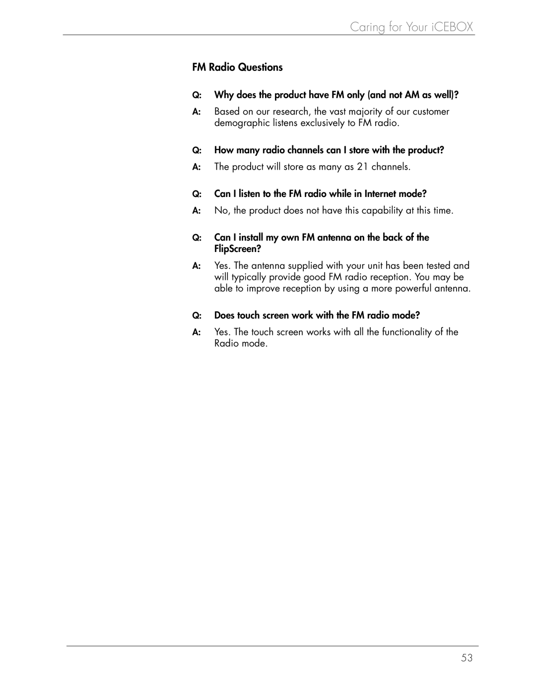 Beyond Icebox Flipscreen manual FM Radio Questions 