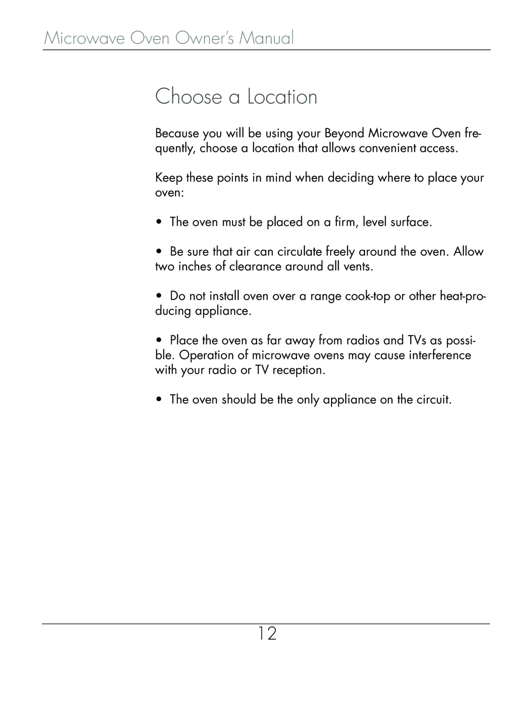 Beyond Microwace Oven manual Choose a Location 