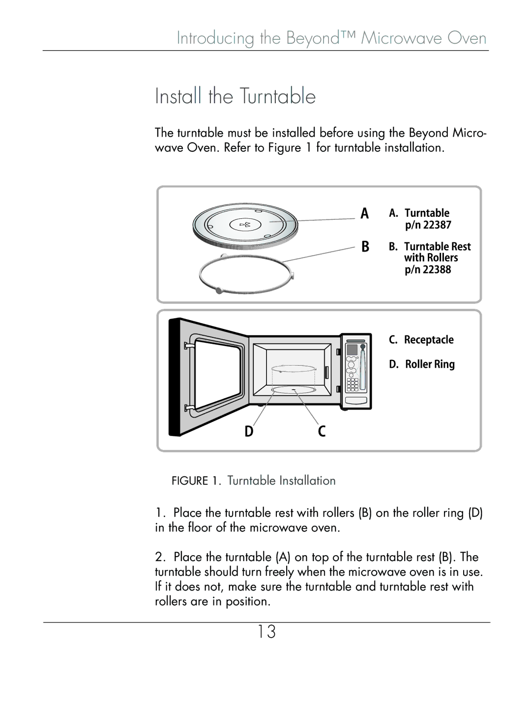 Beyond Microwace Oven manual Install the Turntable, Turntable Installation 