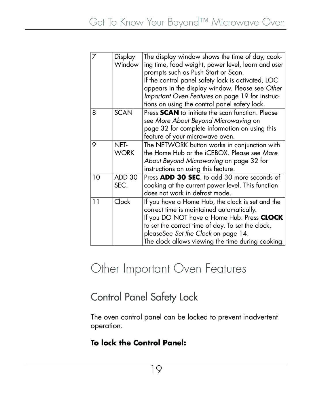 Beyond Microwace Oven manual Other Important Oven Features, Control Panel Safety Lock 