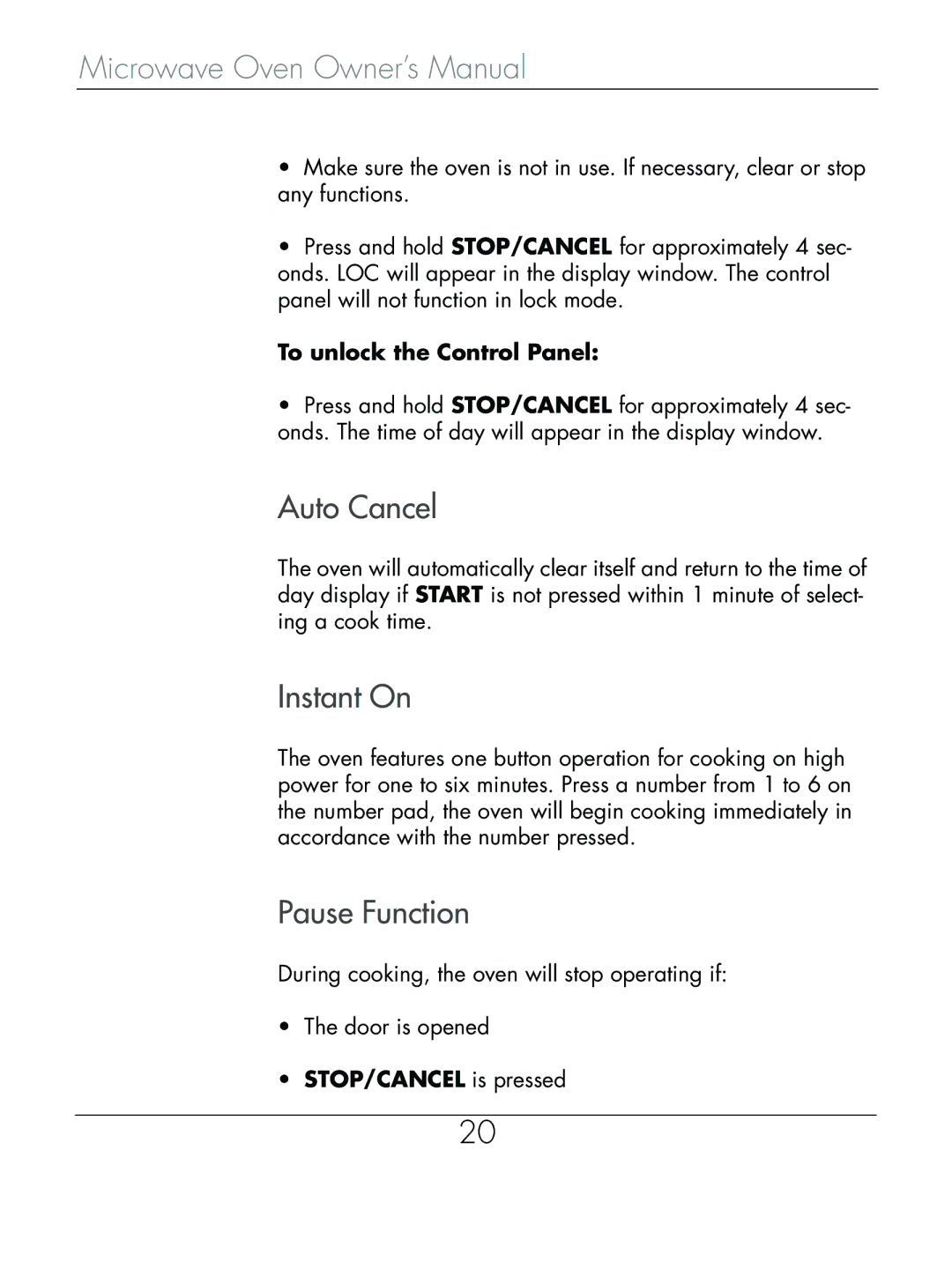 Beyond Microwace Oven manual Auto Cancel, Instant On, Pause Function 