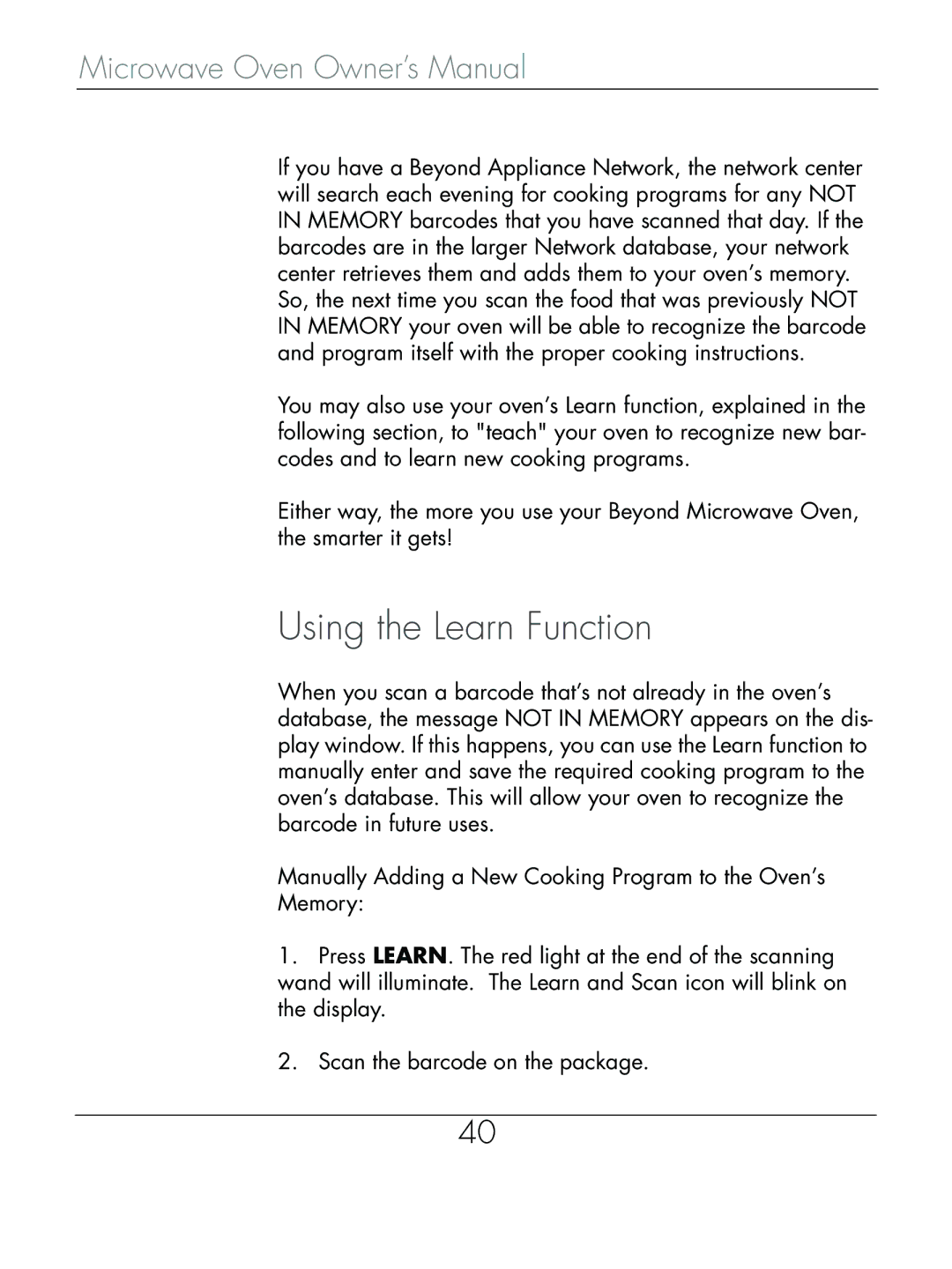 Beyond Microwace Oven manual Using the Learn Function 