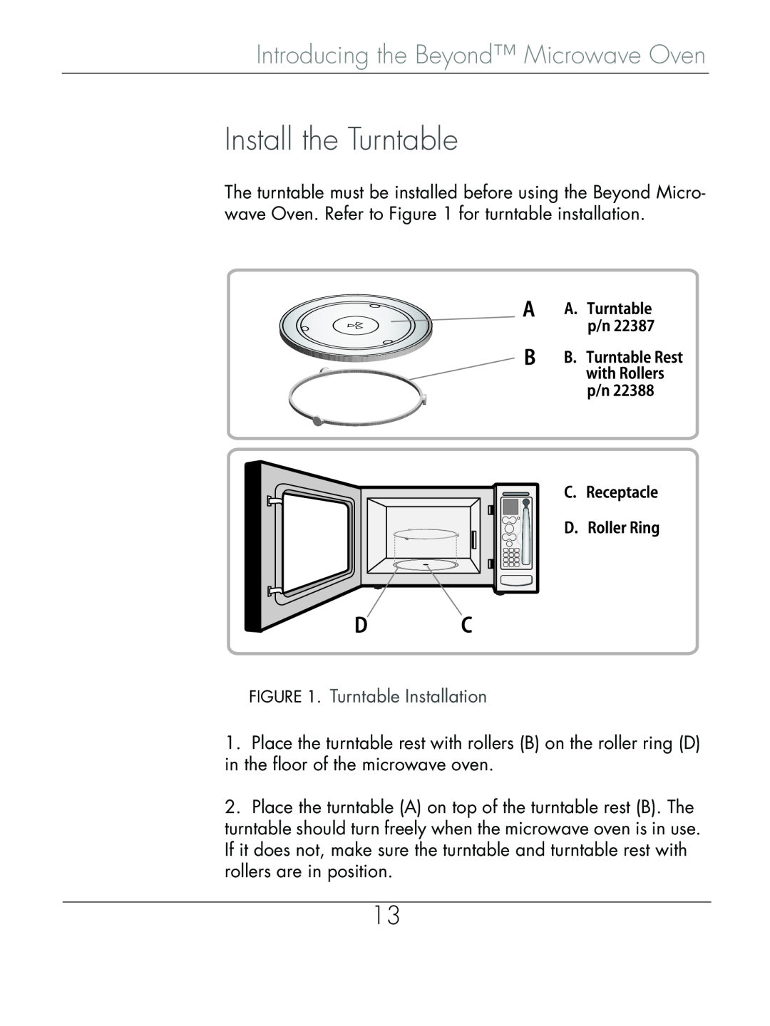 Beyond Microwace Oven manual Install the Turntable, Turntable Installation, Introducing the Beyond Microwave Oven 