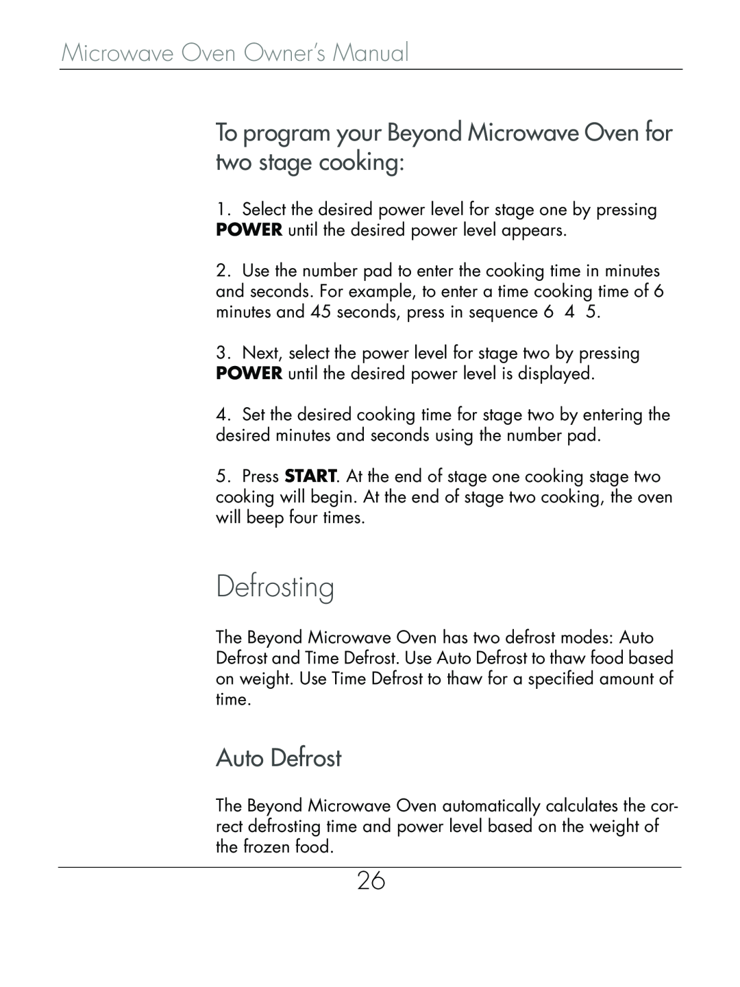 Beyond Microwace Oven manual Defrosting, To program your Beyond Microwave Oven for two stage cooking, Auto Defrost 