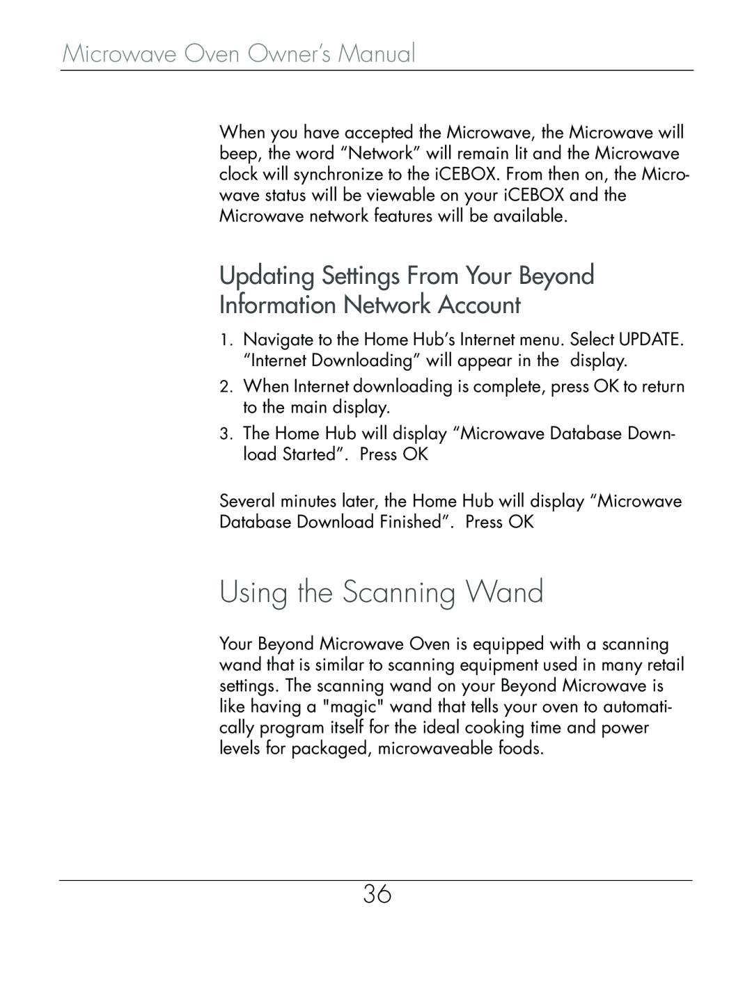 Beyond Microwace Oven manual Using the Scanning Wand, Updating Settings From Your Beyond Information Network Account 
