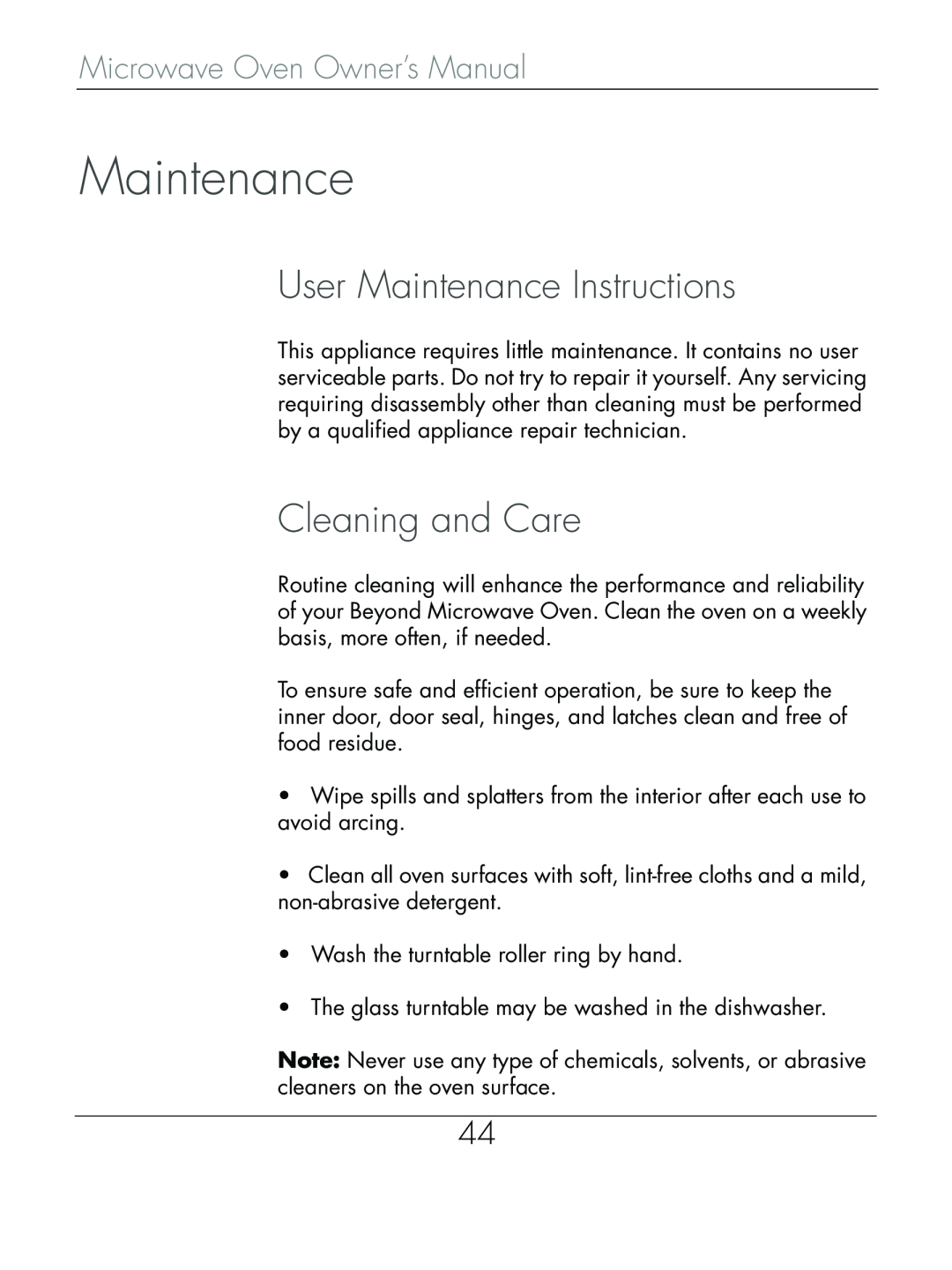 Beyond Microwace Oven manual User Maintenance Instructions, Cleaning and Care, Microwave Oven Owner’s Manual 