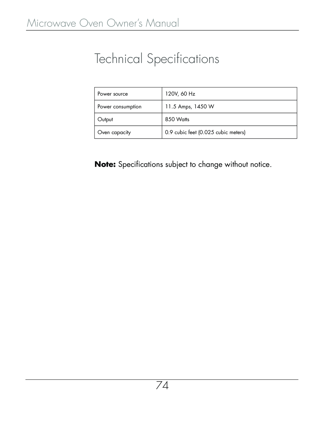 Beyond Microwace Oven manual Technical Specifications, Note Specifications subject to change without notice 