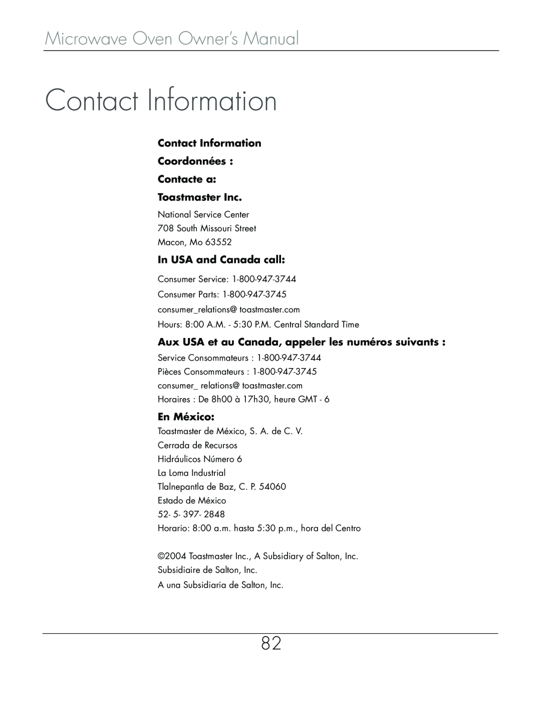 Beyond Microwace Oven Contact Information Coordonnées Contacte a Toastmaster Inc, In USA and Canada call, En México 