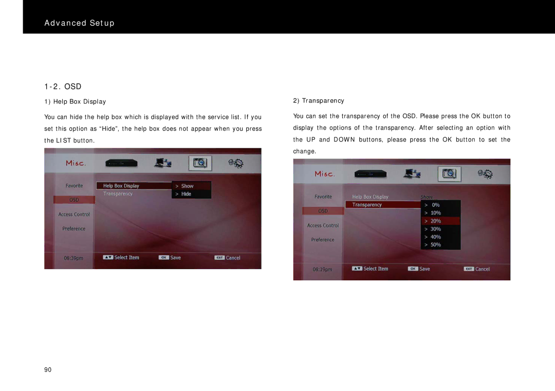 Beyonwiz DP-H1 manual Osd, Help Box Display, Transparency 