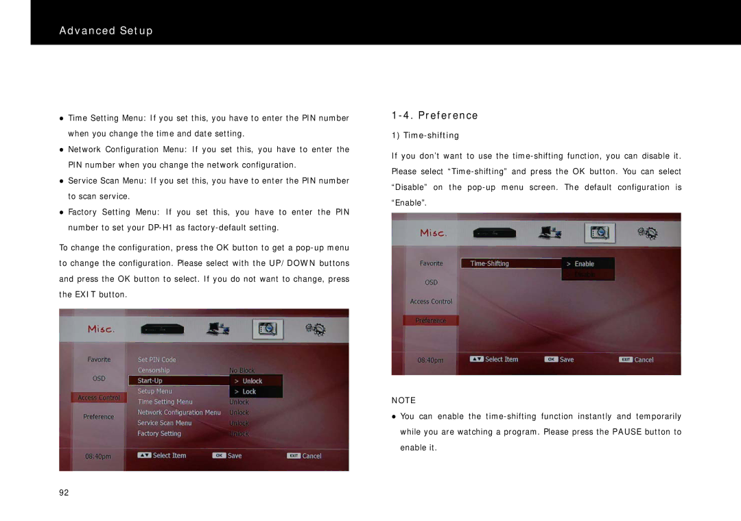 Beyonwiz DP-H1 manual Preference, Time-shifting 