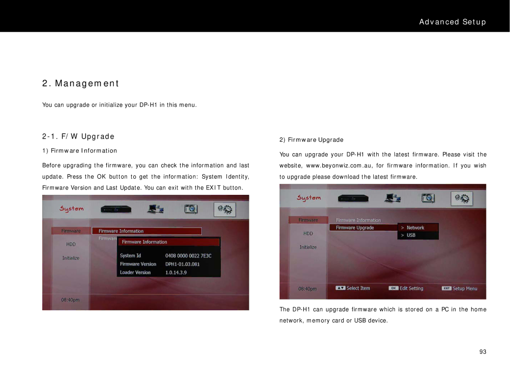 Beyonwiz DP-H1 manual Management, F/W Upgrade, Firmware Information, Firmware Upgrade 