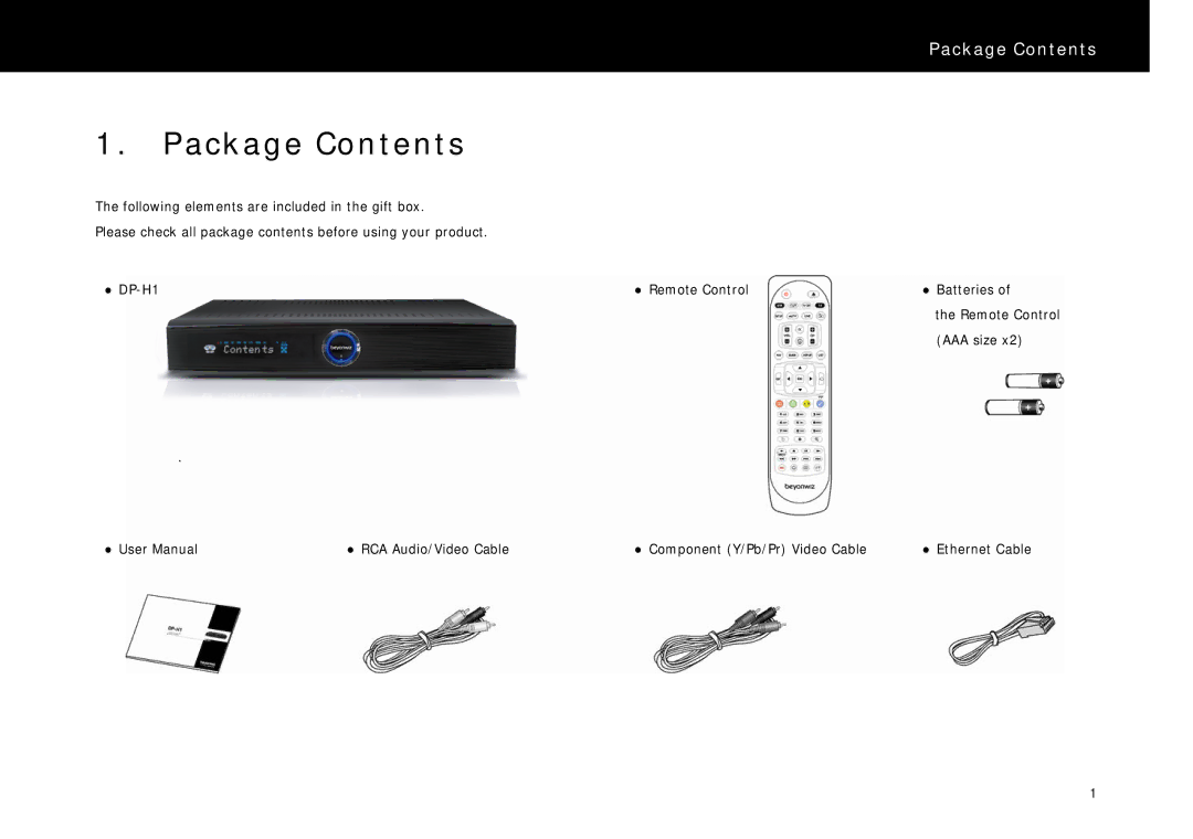 Beyonwiz DP-H1 manual Package Contents 