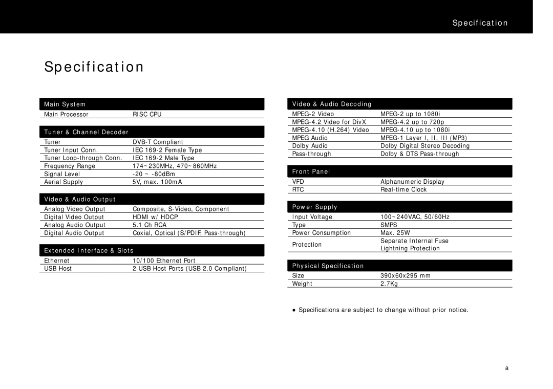 Beyonwiz DP-H1 manual Specification, Tuner & Channel Decoder 